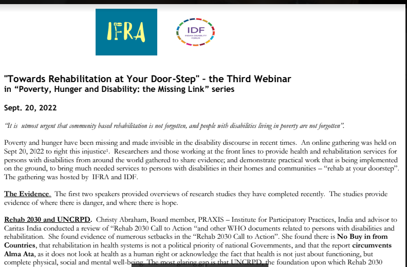 “Towards Rehabilitation at Your Door-Step” – the Third Webinar in “Poverty, Hunger and Disability: the Missing Link” series